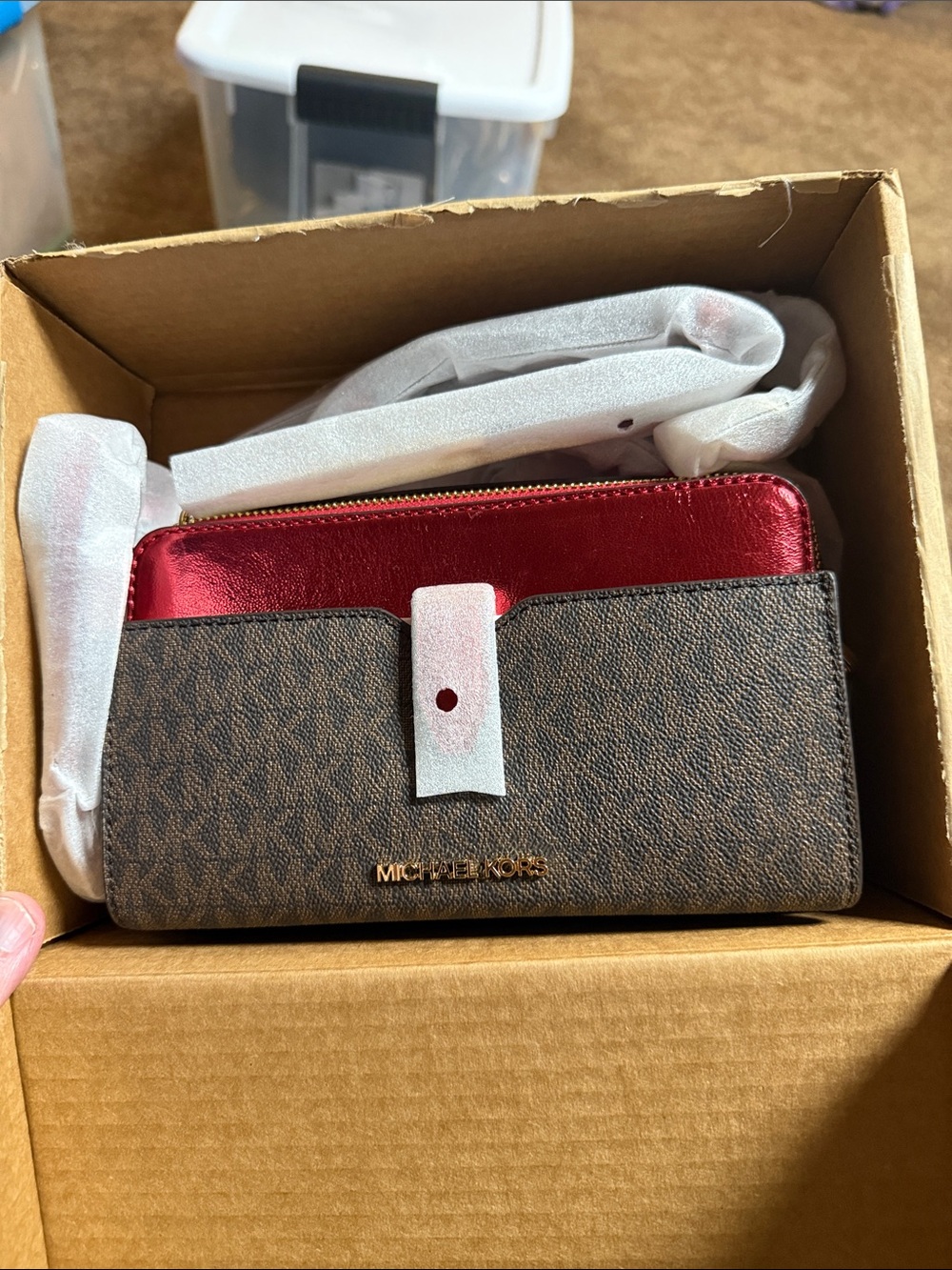 Michael Kors Brown Signature Wallet with Red Metallic Zip